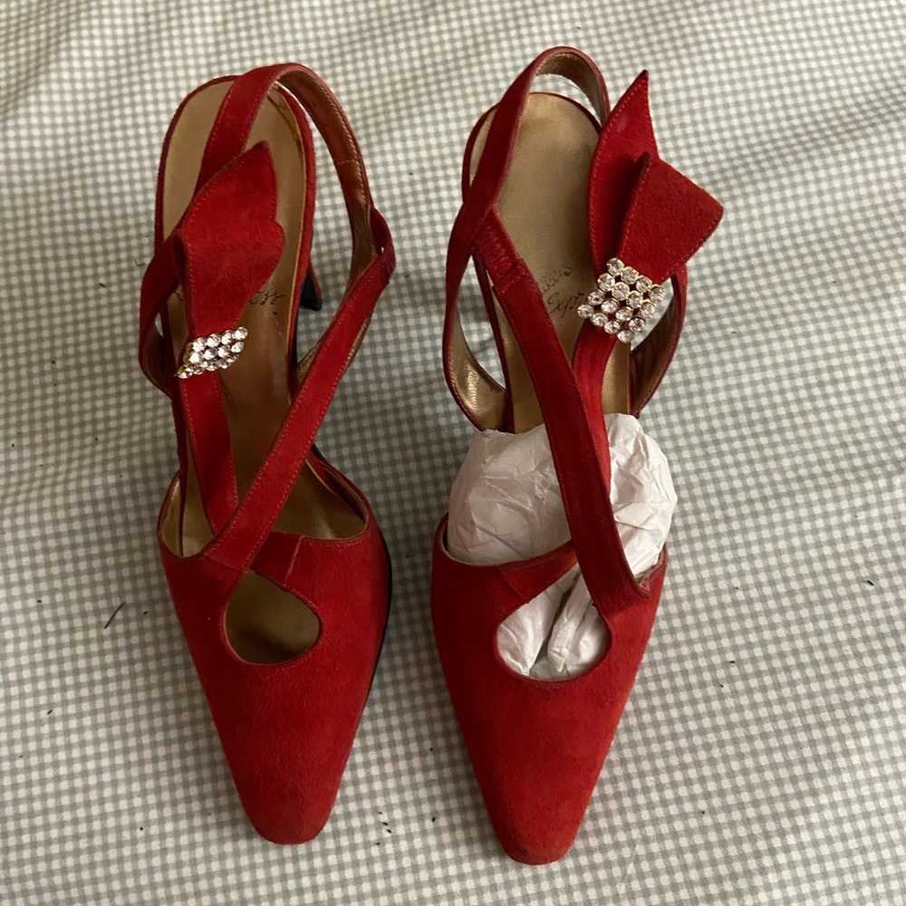 Red suede and rhinestone heels